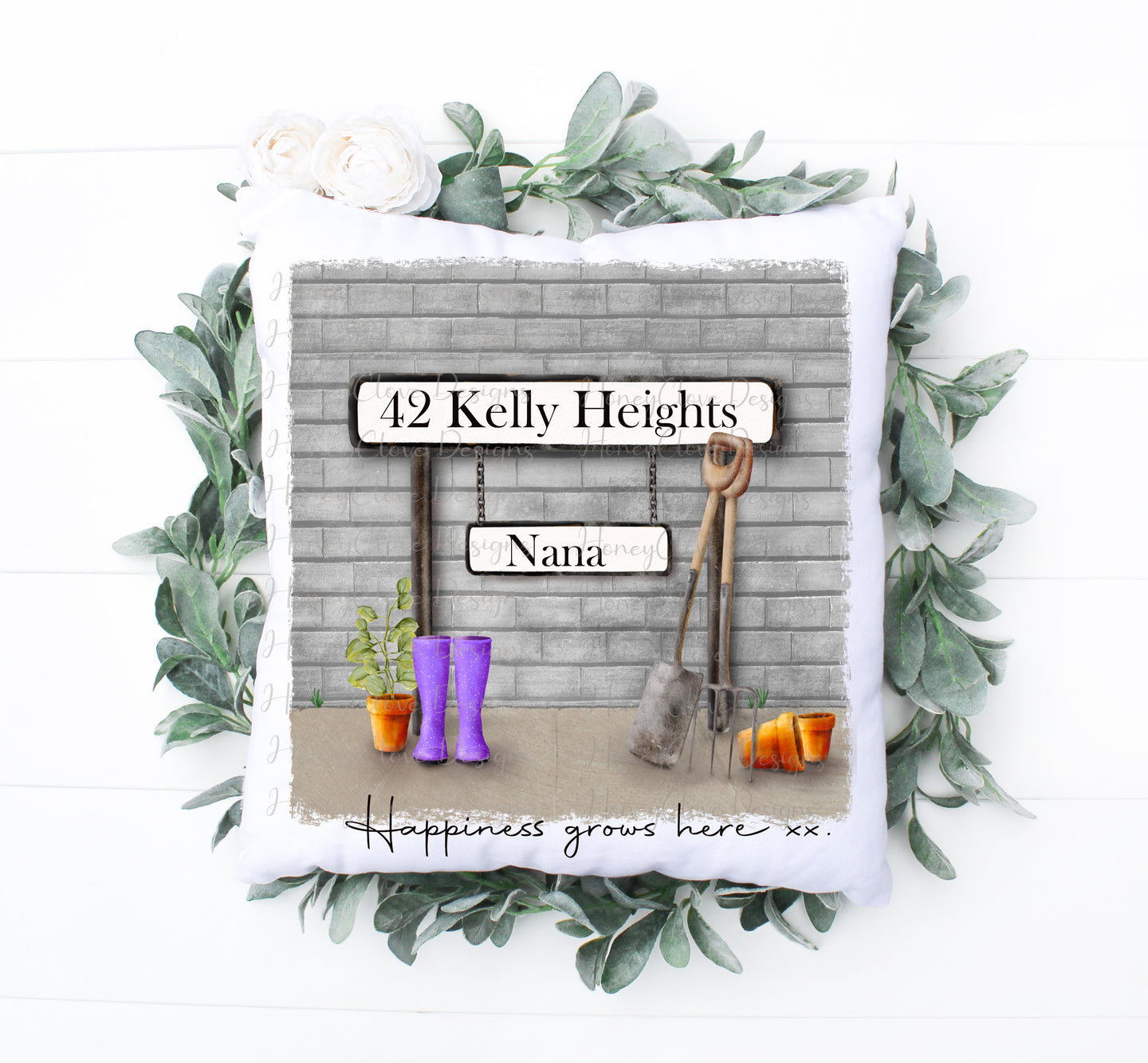 Street Sign Cushion (Grey)  - Gardening Purple boots