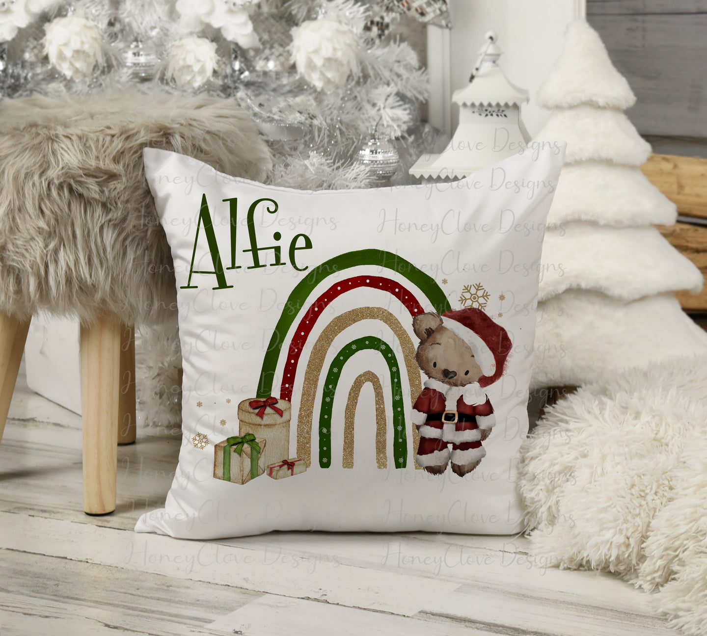 Santa Bear with Rainbow Cushion